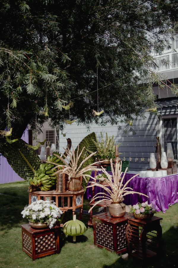 Garden styling with potted plants on lattice stands