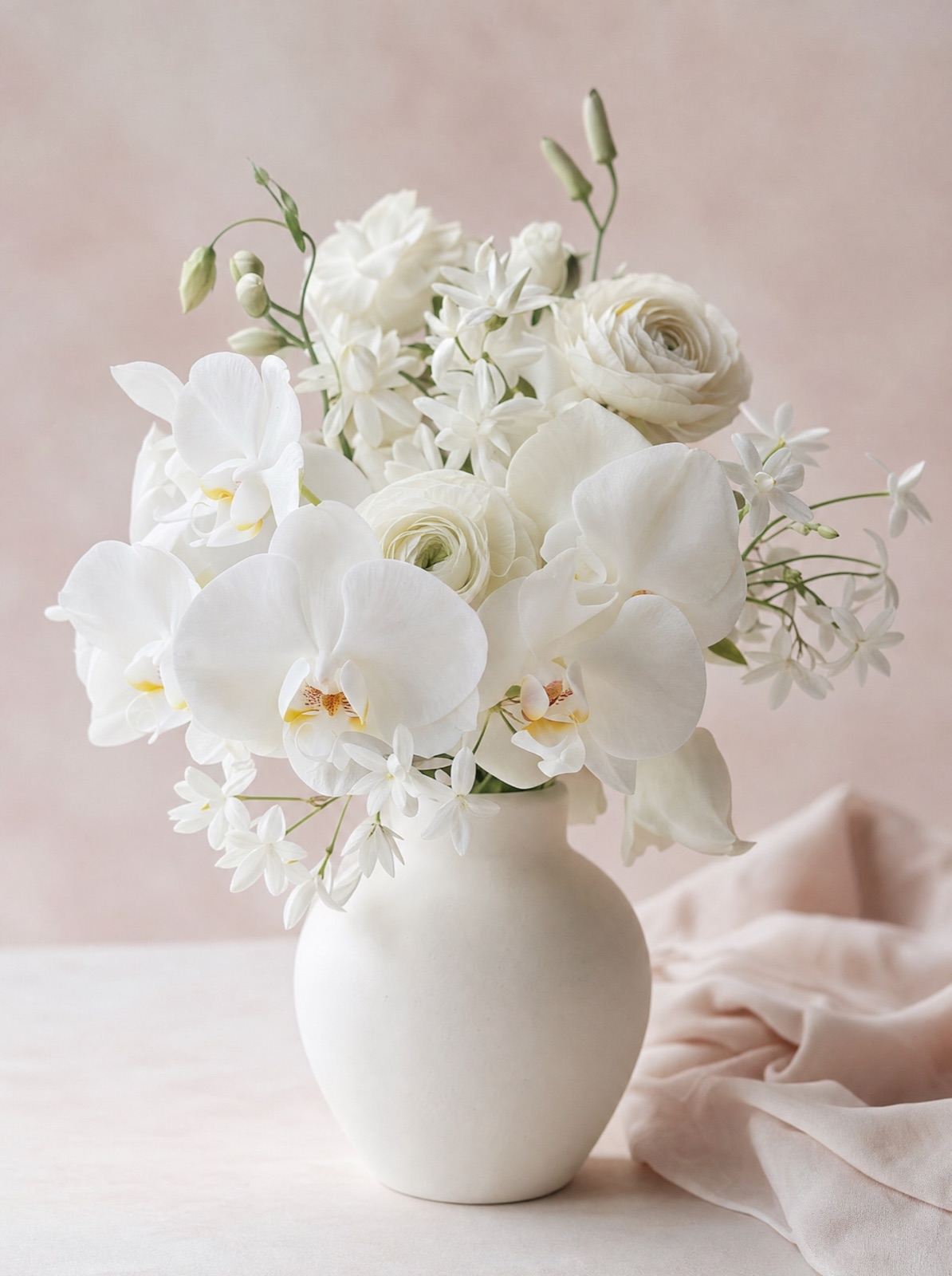 Celestial White bouquet of orchids, ranunculus and jasmine