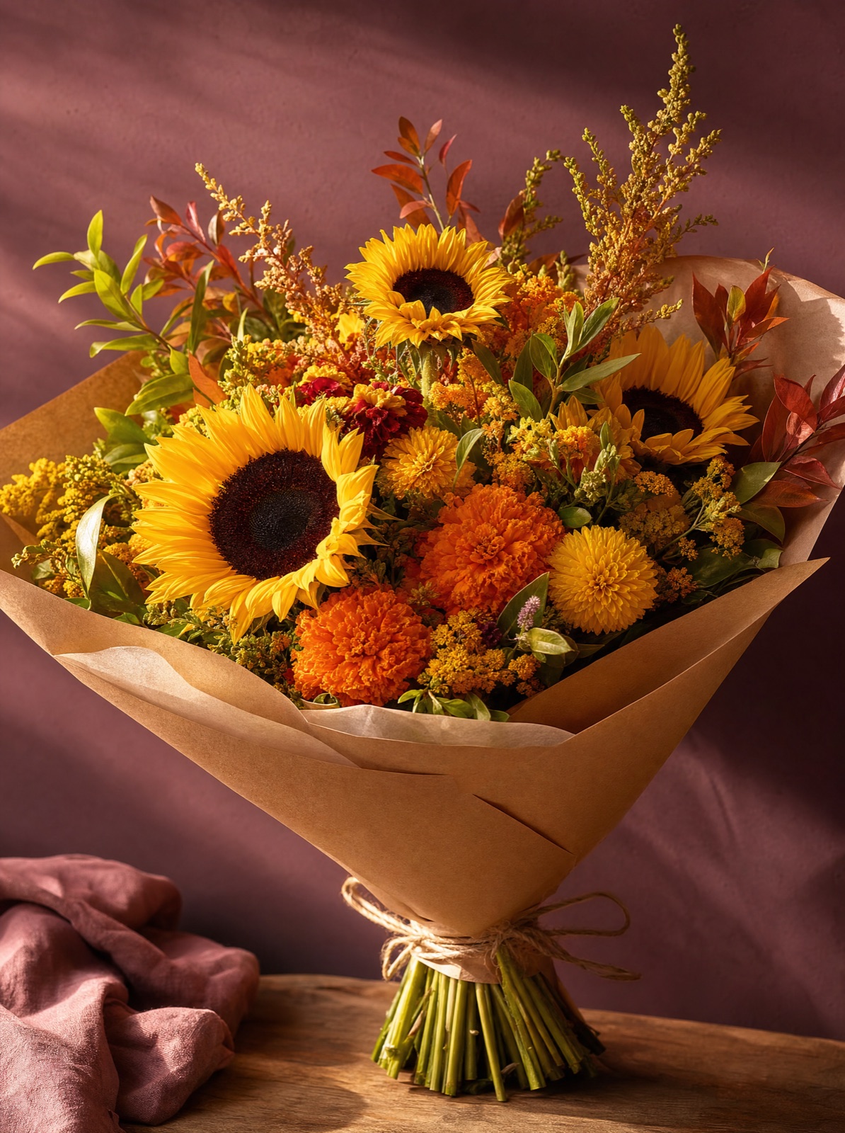 Golden Hour bouquet of sunflowers and marigold