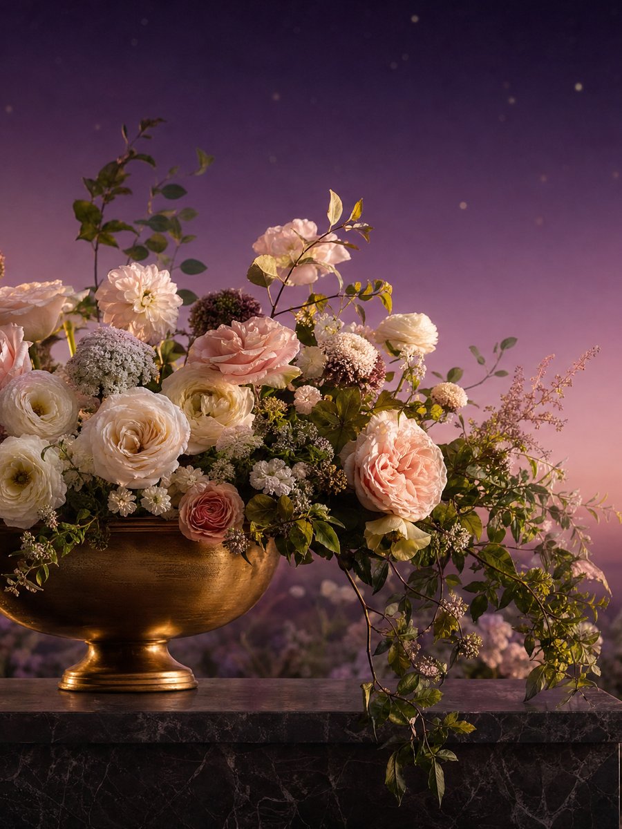 Moonlit Blush bouquet of garden roses and ranunculus in a brushed gold vessel