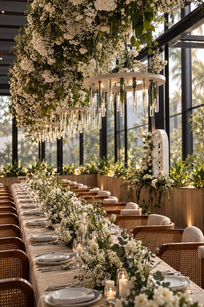 Suspended floral chandelier installation over a long reception table
