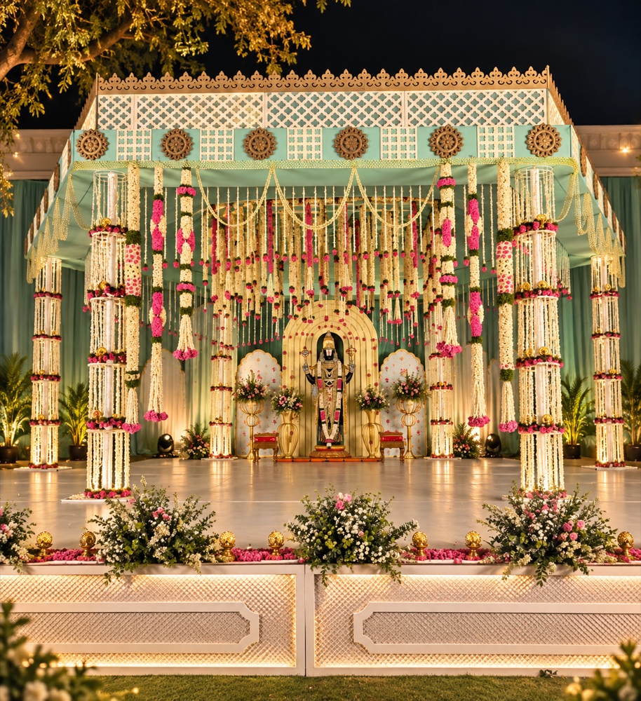 Traditional teal and white mandap with hanging jasmine garlands