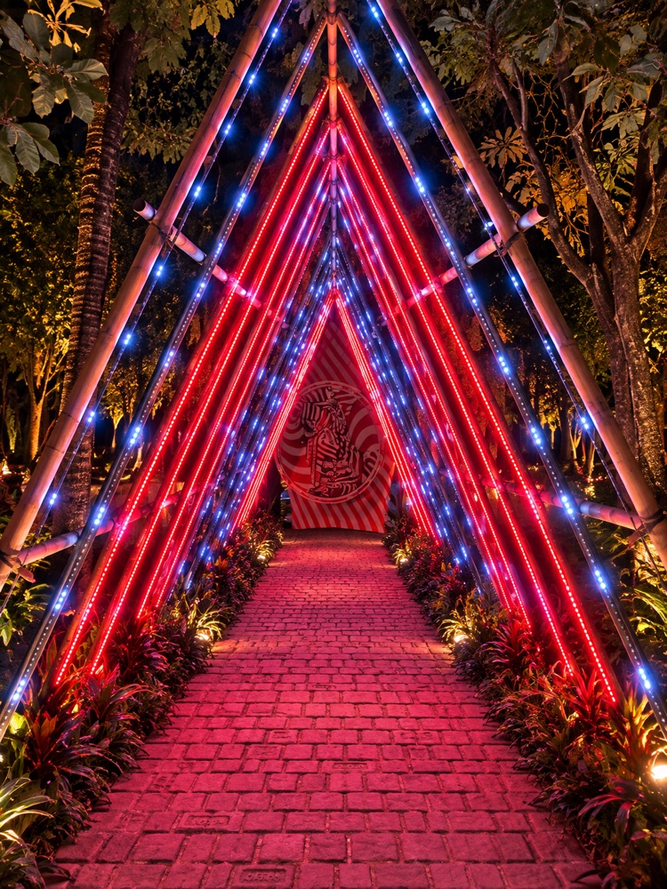 Illuminated red and blue lit entrance tunnel walkway