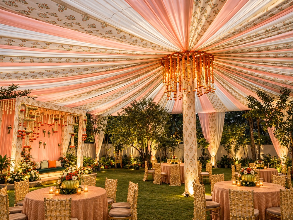 Peach and white pleated tent pavilion with marigold chandelier