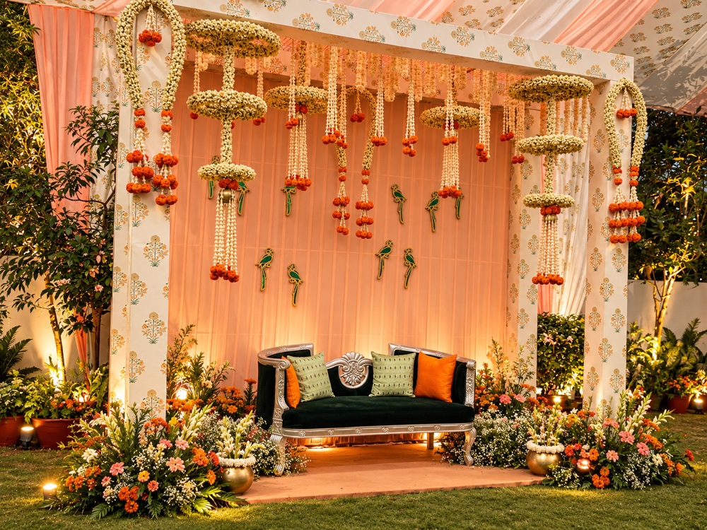 Peach sangeet lounge nook with hanging marigold garlands