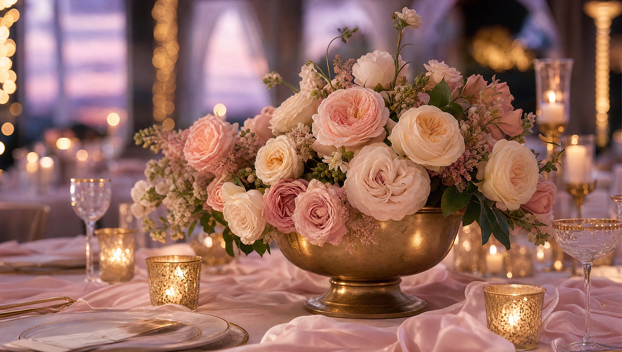 Floral arrangement styled on a softly lit tablescape